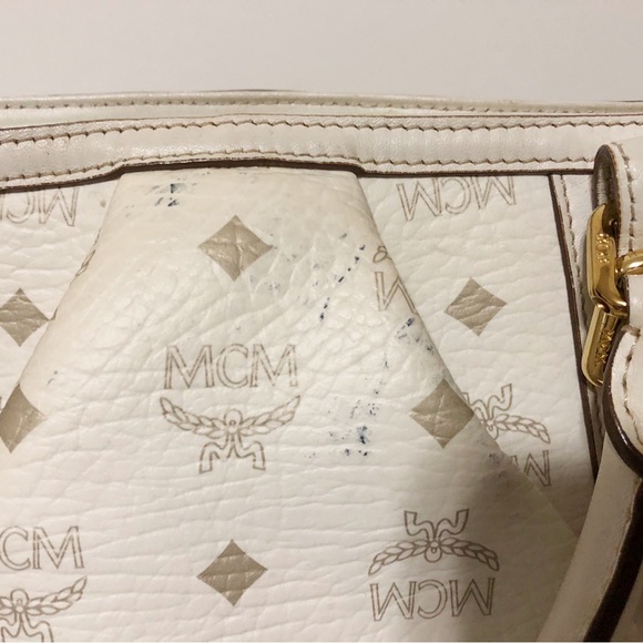 Authentic MCM Beige/White Leather Handbag Shoulder Bag With Adjustable Strap - Picture 14 of 16